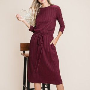 NEW ribbed pocket knit dress 3/4 sleeve in wine burgundy color